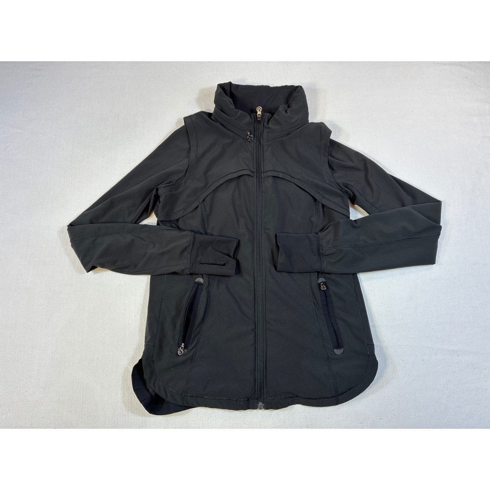 Lululemon Black Zip Up‎ Jacket Stowable Hood Thumbholes Activewear Womens Size 4